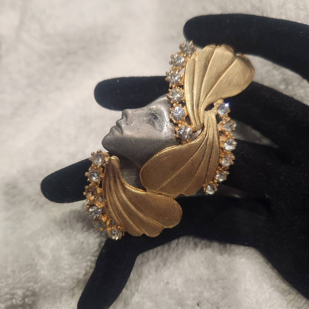 Art Deco Lady Face Pin Brooch‎ Gold Pewter Tone Rhinestone ultra craft